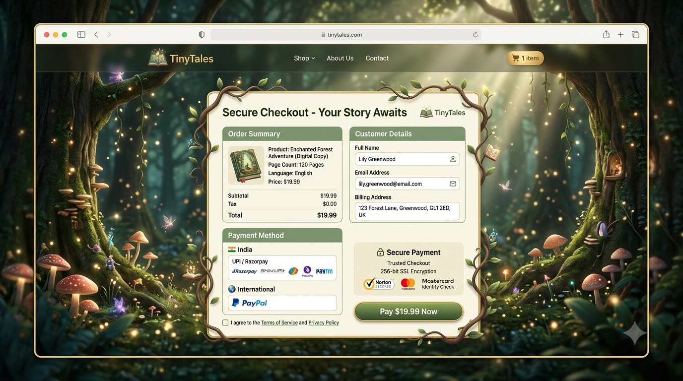 TinyTales secure checkout visual reference