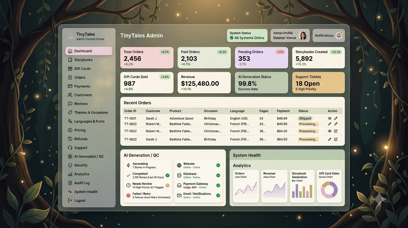 TinyTales admin dashboard visual reference
